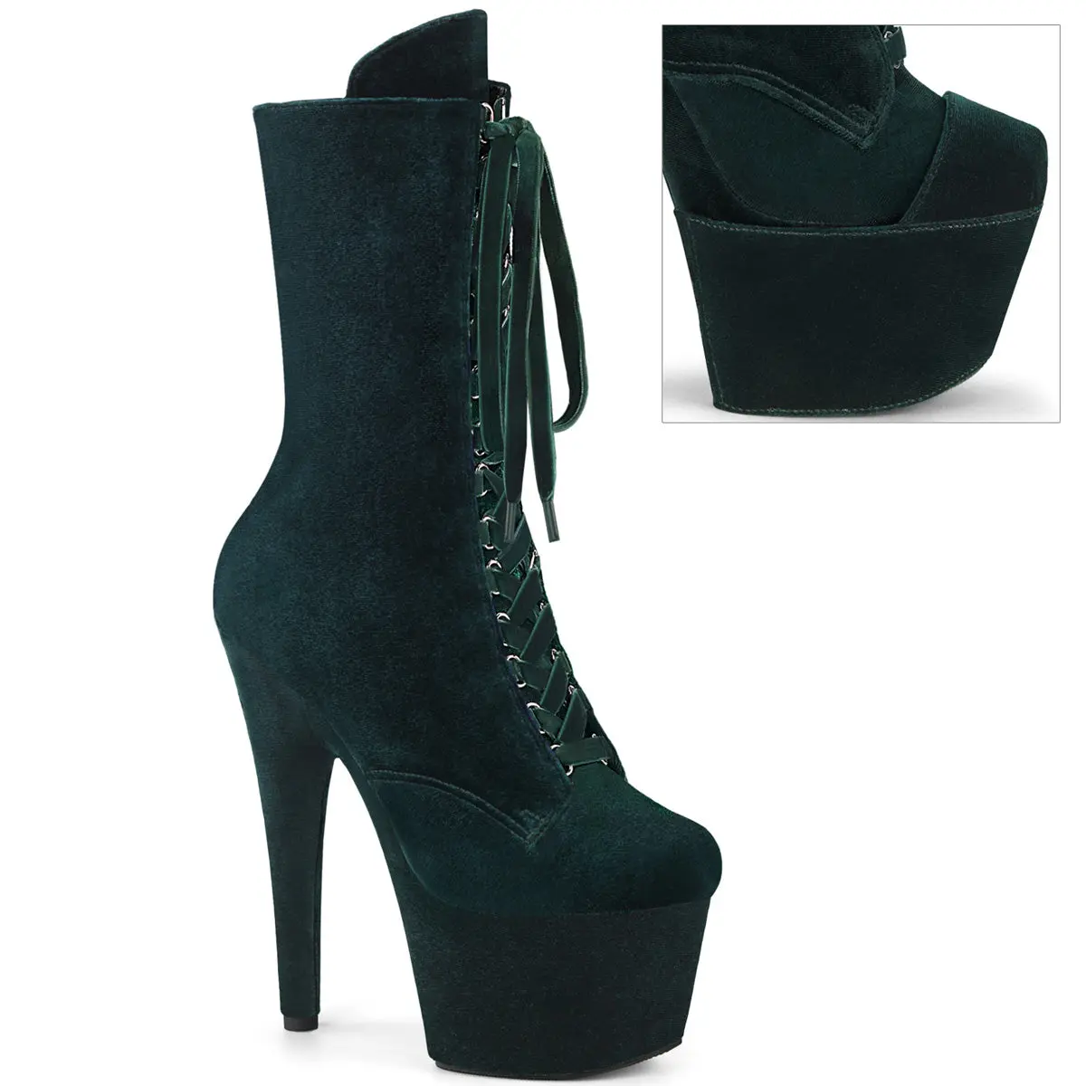 Women's 7 In Platform Lace-Up Ankle-Length Stiletto Heel Boot - ADORE-1045VEL, Emerald Green Velvet, Stylish Stage Wear Footwear
