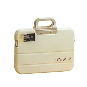 Cream Handheld Briefcase Document Bag Large Capacity, Student Carrying Tote Storage Box for Files and Essentials