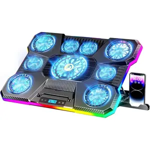 Laptop Cooling Pad, RGB Lights Laptop Cooler 9 Fans for 15.6-19.3 Inch Laptops, Gaming Laptop Fan Cooling Pad with 8 Height Stands, 2 USB Ports - A21 Blue