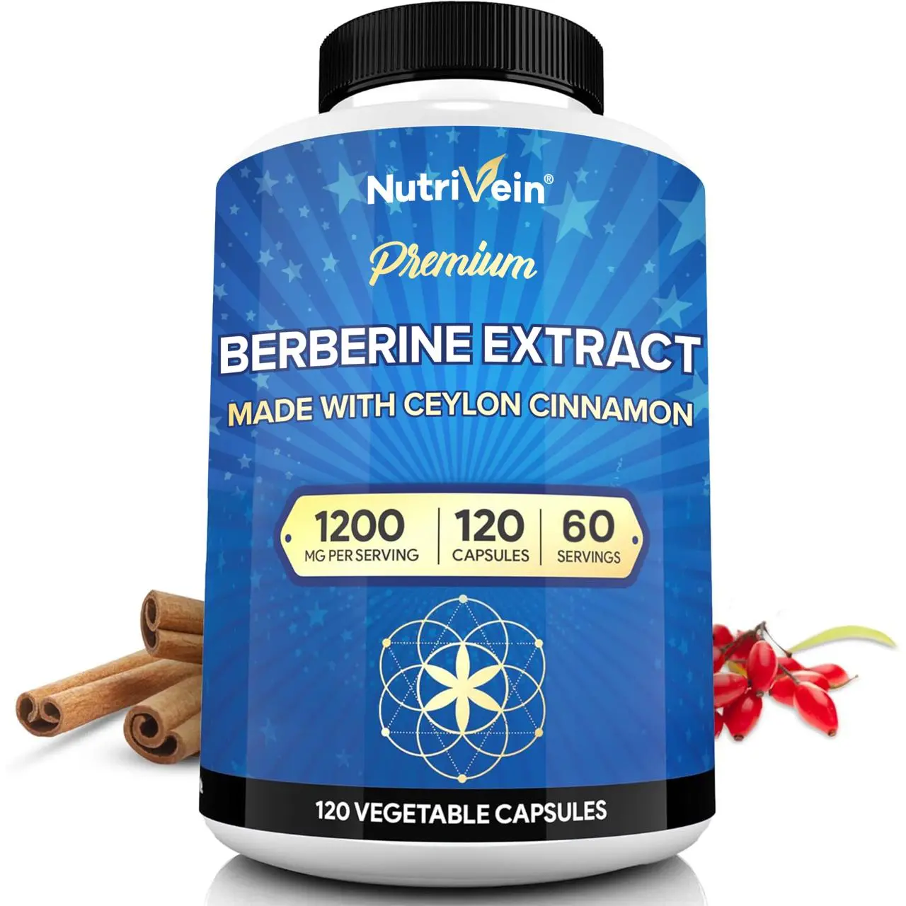 Nutrivein, Berberine with Organic Ceylon Cinnamon Capsules, Dietary Supplement Formula, Plant-Based Nutrition Support, Fitness & Daily Wellness, 120 Capsules, 1200mg, 2 Capsules Daily