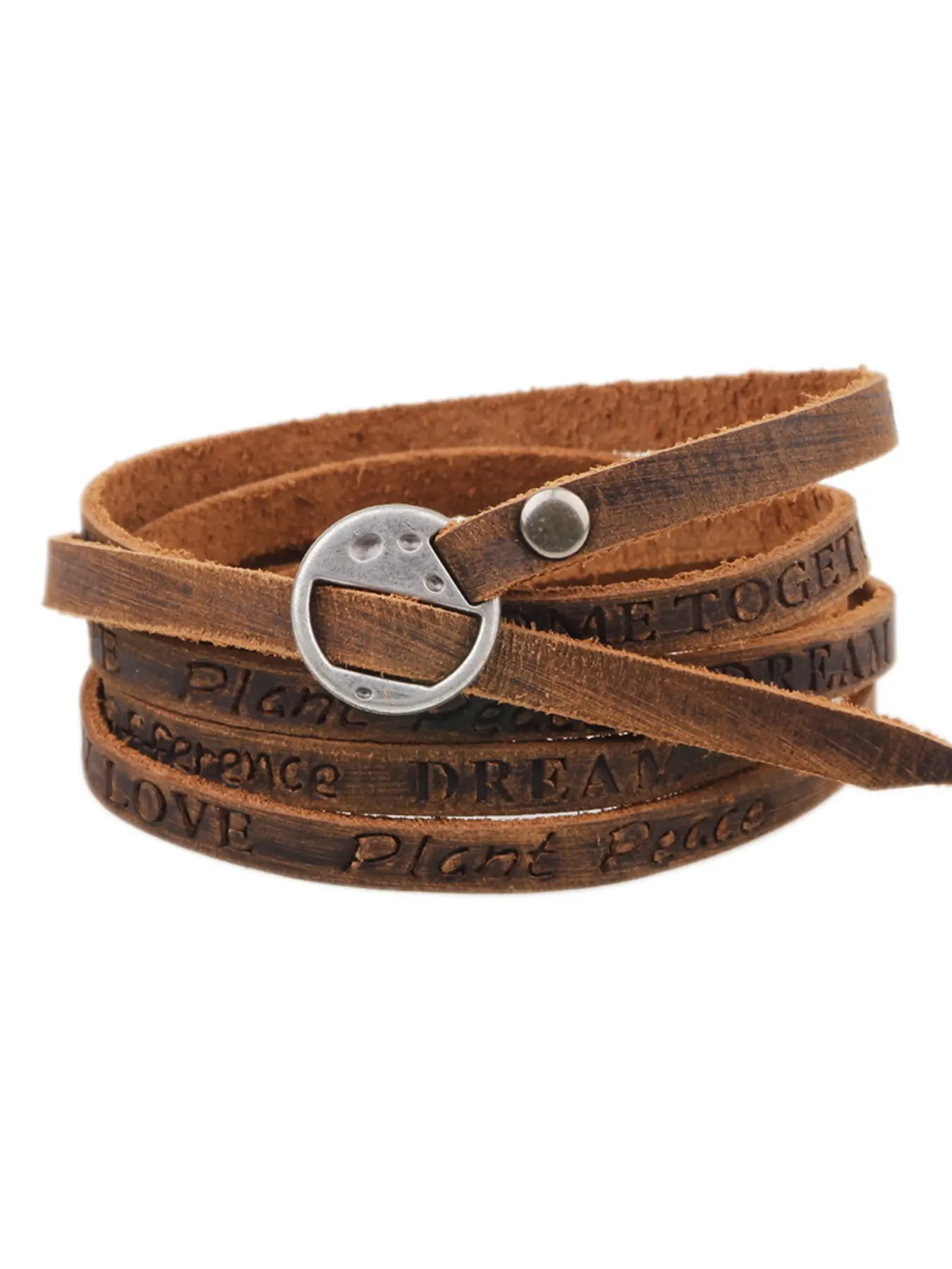 Genuine Leather Wrap Bracelet for Men & Women, 5-Layer Engraved Inspirational Words Cuff Bracelet, Vintage Boho Trendy Bangle Bracelet Wristband with Metal Buckle, Letter Link Bracelet, Versatile Belt-Bracelet Accessory for Casual Wear
