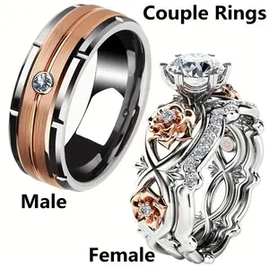 Romantic Wedding Rings for Couples Rose Design Engagement Promise Rings with Rose Gold Stripe & Central Diamond for Valentine's Day Wedding Anniversary or Valentine's Day Gift summervibes
