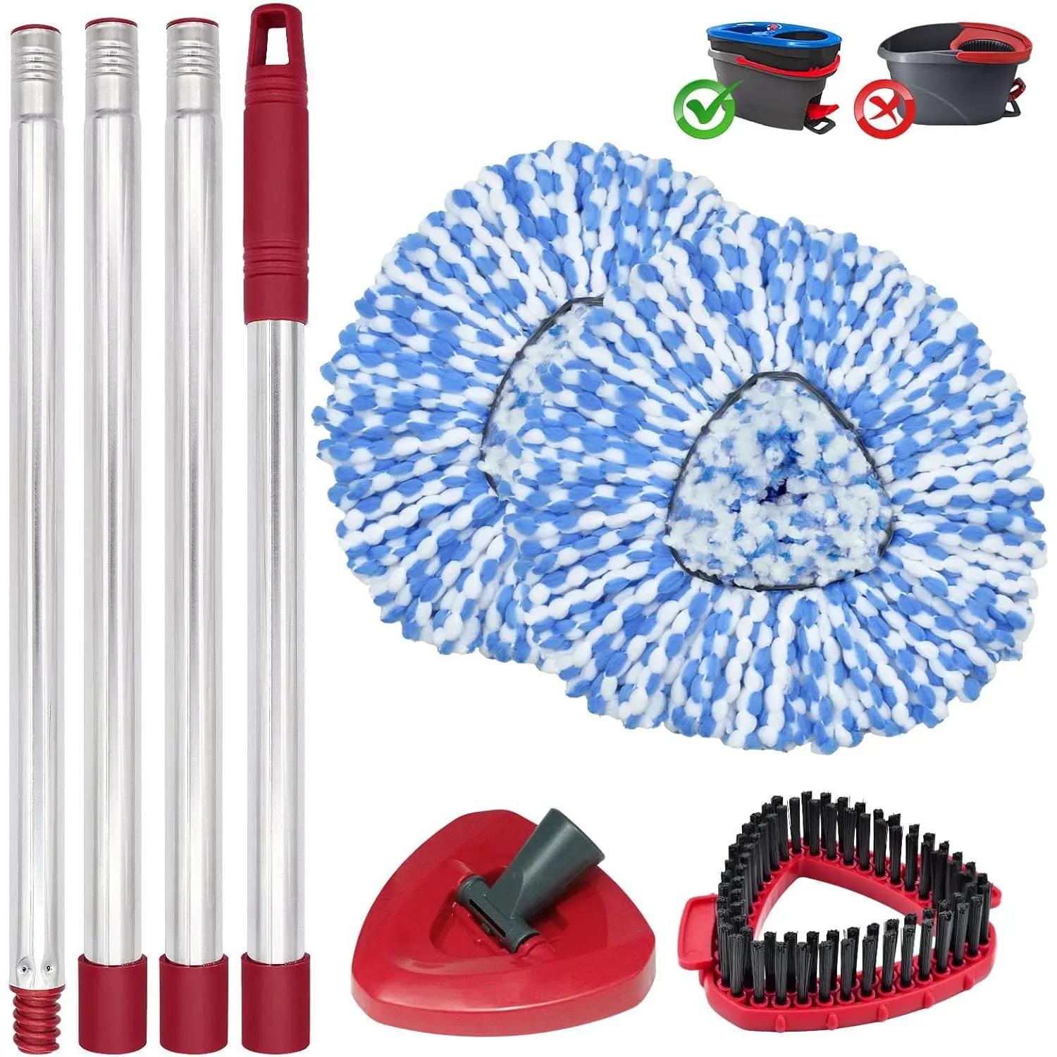 Spin Mop  Replacement, Base, Mop Handle for Ocedar RinseClean 2-Tank Spin Mop, 2 Microfiber Mop Refills, 4-Section 30-59in Handle, 1 Spin Mop Replacement  Base and 1 Scrubber (2-Tank System)