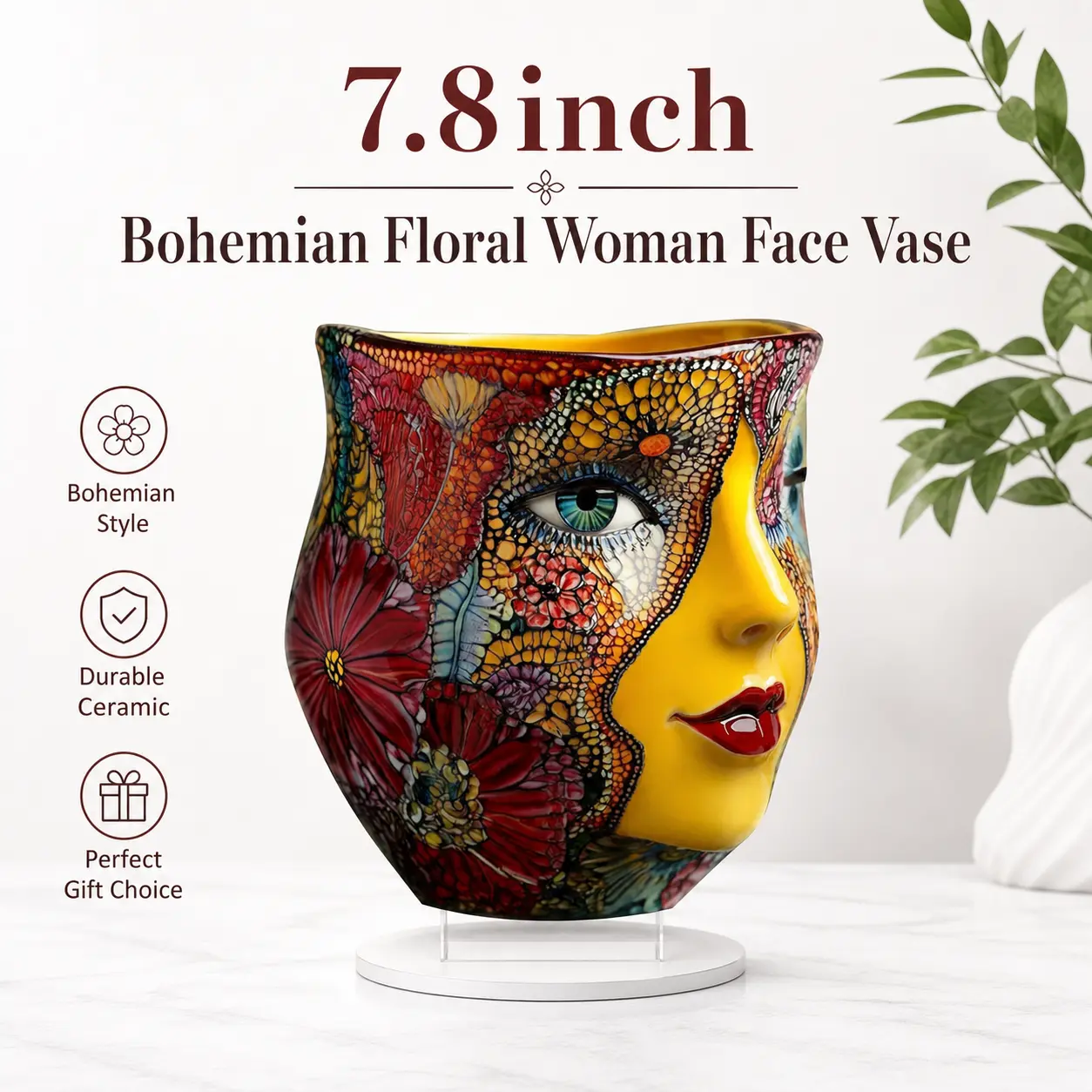 Artistic Bohemian Floral Woman Face Vase Acrylic Flat Ornament Colorful Mosaic Art Lady Head Vase Decor Tabletop Home Living Room Display Ornament