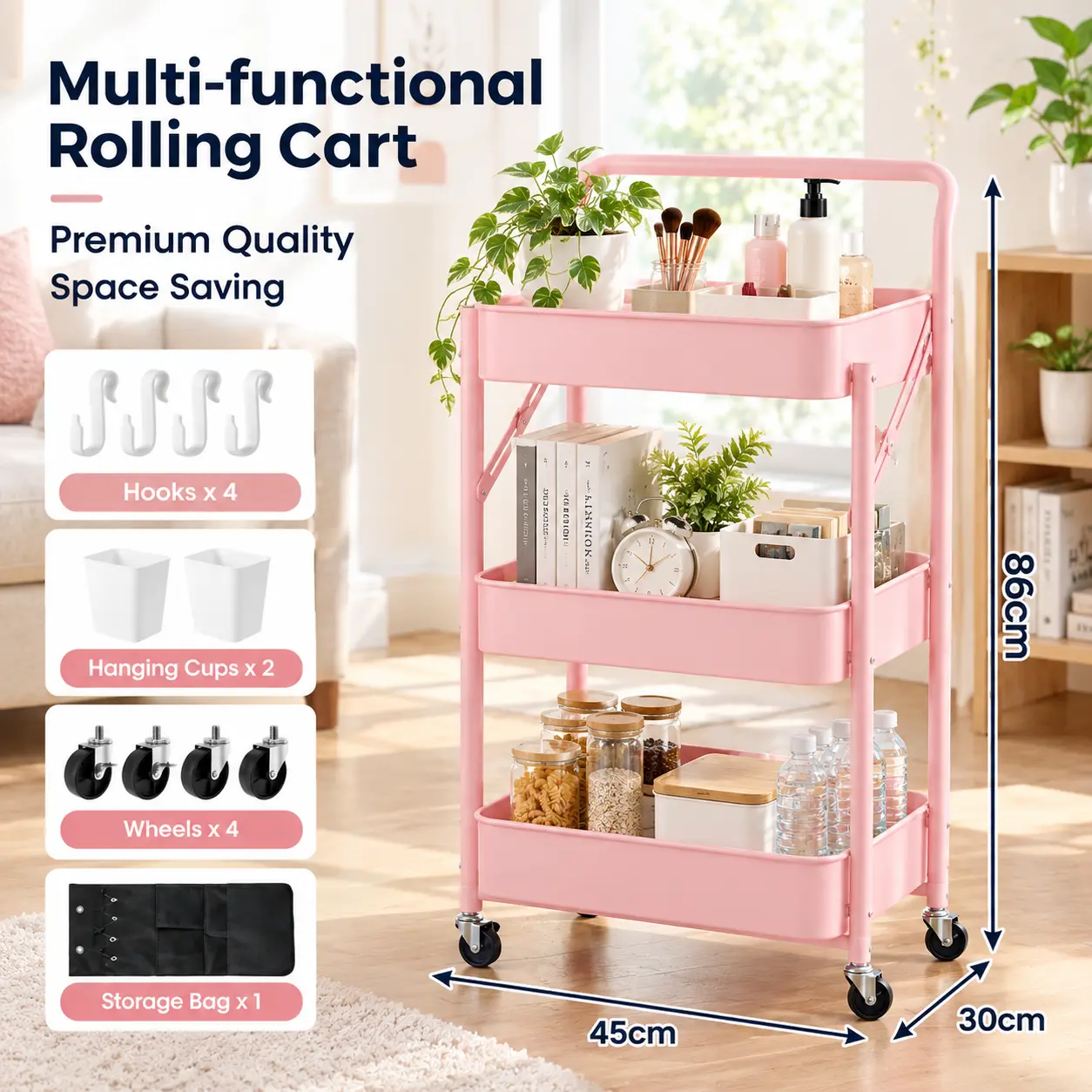 3-Tier Rolling Storage Cart, Foldable Utility Cart with Wheels, Space-Saving Organizer with 4 Hooks, 2 Storage Bins & Hanging Bag for Kitchen, Bathroom, Laundry & Bedroom