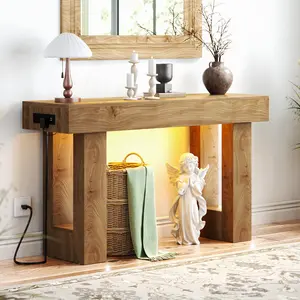 47'' Farmhouse Console Table with Power Outlets and Motion Sensor Light, Wooden Entryway Table Sofa Table for Entrance, Hallway, Living Room
