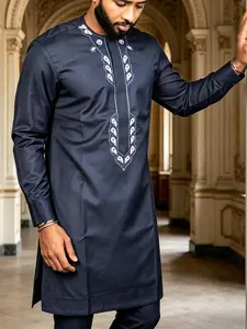 Men's Dashiki Classic 2-Piece Set, Round Neck, Embroidered, Split Hem, Drawstring Waist Long Pants, Comfortable All Seasons, Party Wear