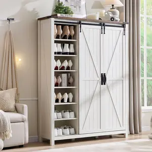 OKD 48" Rustic Shoe Cabinet – Adjustable Shelves, Open Cubbies, Freestanding Entryway Storage, Dual Sliding Barn Doors for Hallway or Living Room