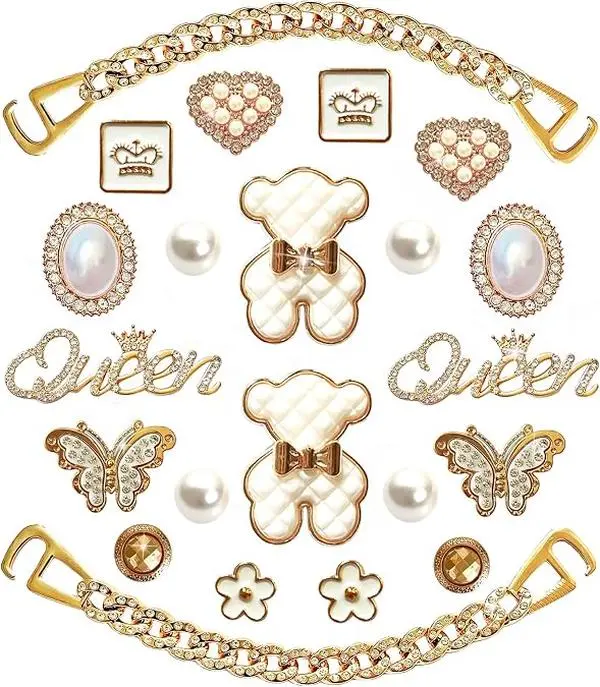 Luxury Bling Shoe Charms for Women I Girly Golden Chains Decor for Clog Sandals | Sparkle Rhinestones Designer Jewels Set | Aesthetic DIY Party Favor Birthday Gift Idea