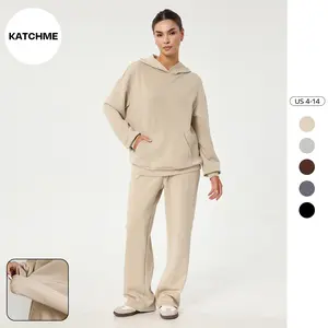 KatchMe Women's Versatile Solid Color Long Sleeve Hoodie & Drawstring Waist Wide Leg Trousers Co-ord, Spring & Fall Two Piece Outfits, Cozy Womenswear