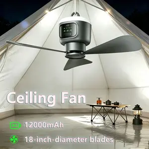 Portable Ceiling Fan with Light with Remote Control and Hanging Hook, 12000mAh, Easy Operation Battery Powered Fan Light for Gazebo, Tent, Patio, Camping, Gray