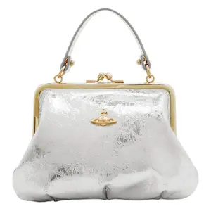 Vivienne Westwood Granny Frame Leather Shoulder Bag with Saturn Logo Kiss Lock for Women in Silver