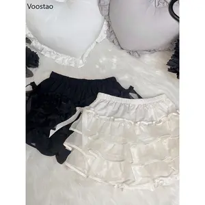 Sweet Lolita Style Tiered Shorts Girls Cute Bow Lace Mesh Fluffy Petticoats Bustle Short Pants Women Gothic Ruffles  Bloomers