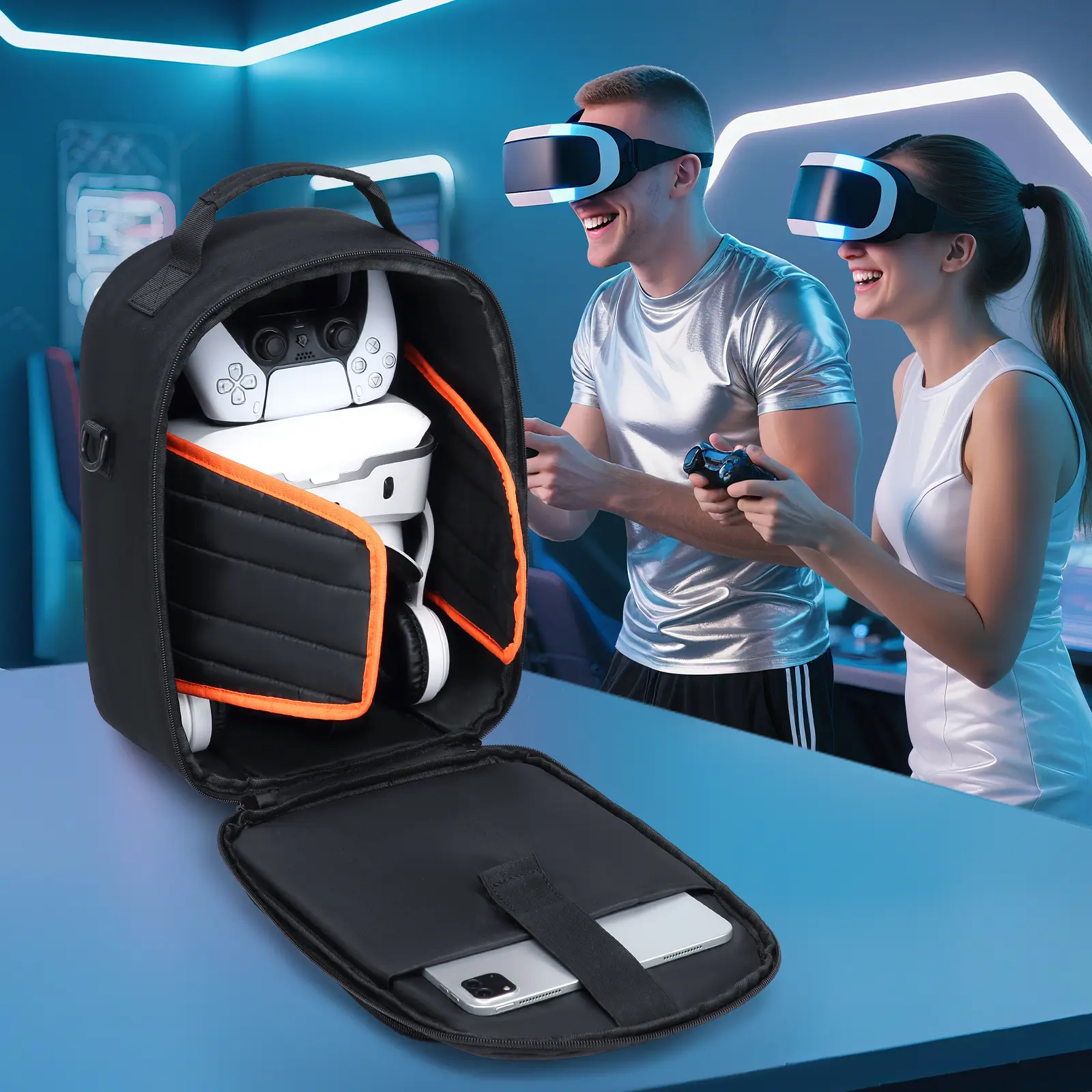 Storage bag compatible with most VR devices including Meta Quest Pro VR, Oculus Quest 2 VR, Quest 3 VR and Sony PlayStation VR2.  this portable VR protective travel case is made of wear-resistant oxford fabric and can be worn crossbody or carried by hand.