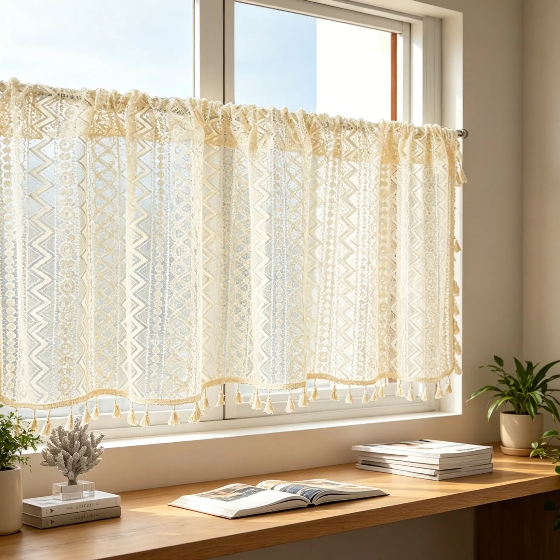 1pc Kitchen Curtain Rod Coffee Drapes, Modern Farmhouse Romantic Styles, Elegant Minimalist Design, Tassel Decor Curtain, Decorative for Living Room Bedroom Office