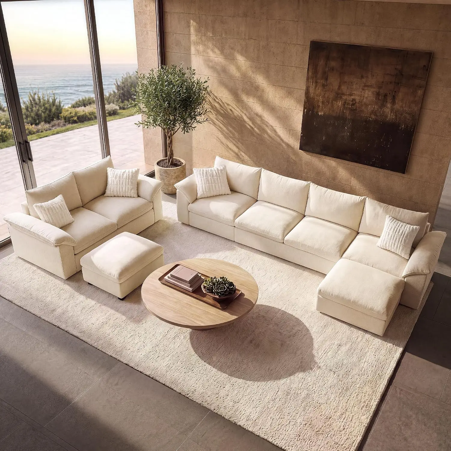 Oeko-TEX Certified 2-Piece Modular Sectional Sofa Set - Down-Filled 145.6" U-Shaped Sofa & 82.6" Loveseat, Wide Armrest Deep Seat Oversized Couches for Living Room, Beige