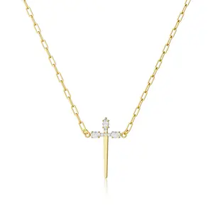 TEWIKY 14K Gold-Plated Micro Pave Zircon Smooth Sword Cross Necklace for All Occasions Easter Valentine's Day Gift Elegant & Versatile