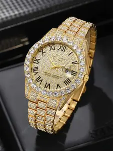 Men's Watch Set, Luxury Rhinestone Stainless Steel Casual Vintage Style, Analog Mechanical Quartz Wristwatch Accessories