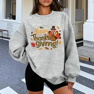 Women's Thanksgiving-Themed Hoodie - 'Happy Thanksgiving' Turkey Print, Gray Cotton Knit Crewneck Sweatshirt, Breathable with Slight Stretch