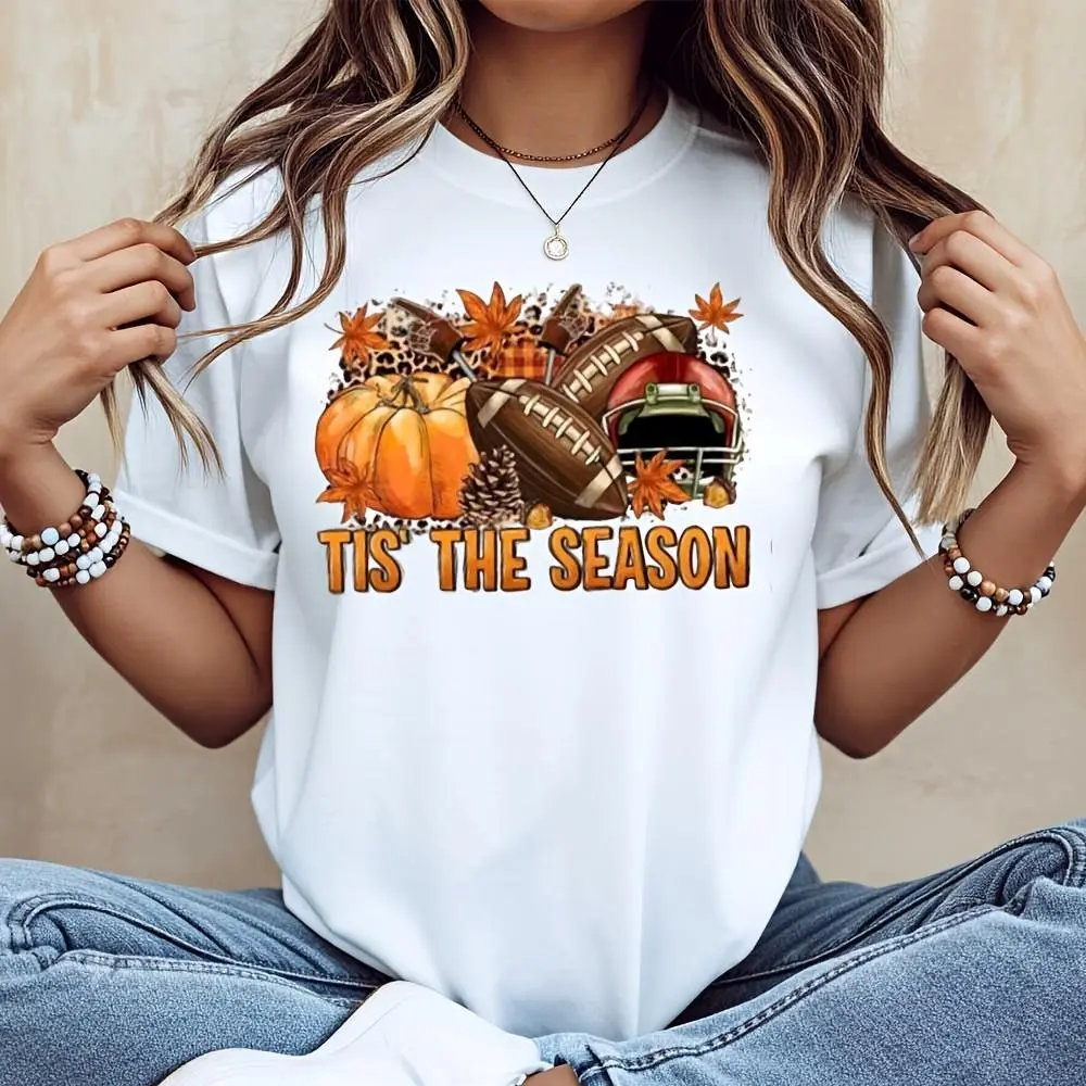 Tis The Season Football Pumpkin Fall Leaves Graphic T-Shirt, Autumn Thanksgiving Game Day Casual Top, Fall Festival Tailgate Party Wear