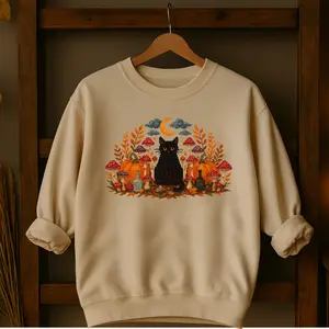 Black Cat Cross Stitch Style Sweatshirt, Witchy Cottagecore Halloween Sweater