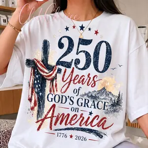 Christian Patriotic Cross 250 Years God's Grace America Graphic Tee Shirt
