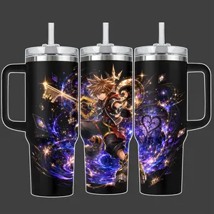 Kingdom Hearts Sora Keyblade Anime Tumbler Cup, Magic Heart Crystal Full Wrap Stainless Steel Insulated Tumbler 20oz/40oz With Straw Lid Included, 40oz Handle Option