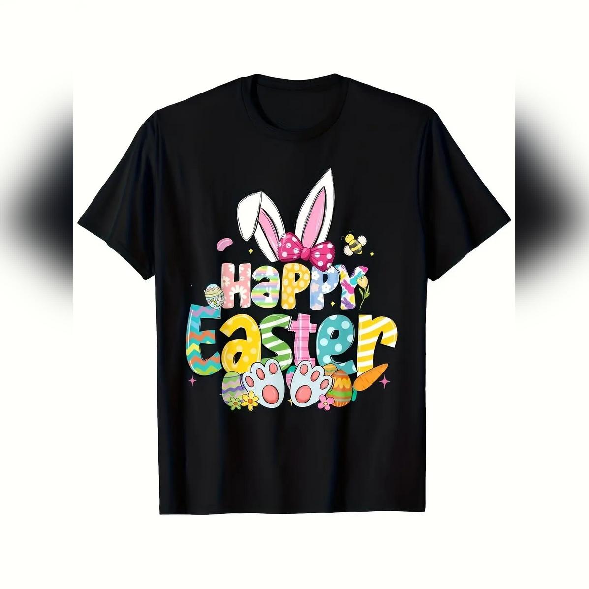 Men's & Women's Happy Easter Bunny & Egg Print T Shirt Retro Spring Tee With Bunnies Chicks Paw Prints Unisex Casual S Ultra Comfy Tee