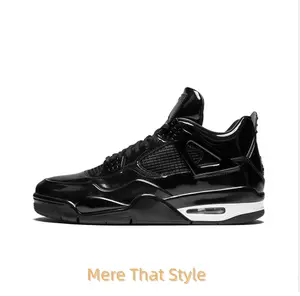 Retro Mid-Top Basketball Shoes in All-Black Patent Leather Upper with Mesh Side Wings, Black Midsole, and White Air Unit