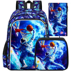 3PCS Kids Astronaut Backpack, Water Resistant Bookbag for Boys Set with Lunch Box, Cool School Bag for Elementary Preschool Toddler - Basketball Astronaut