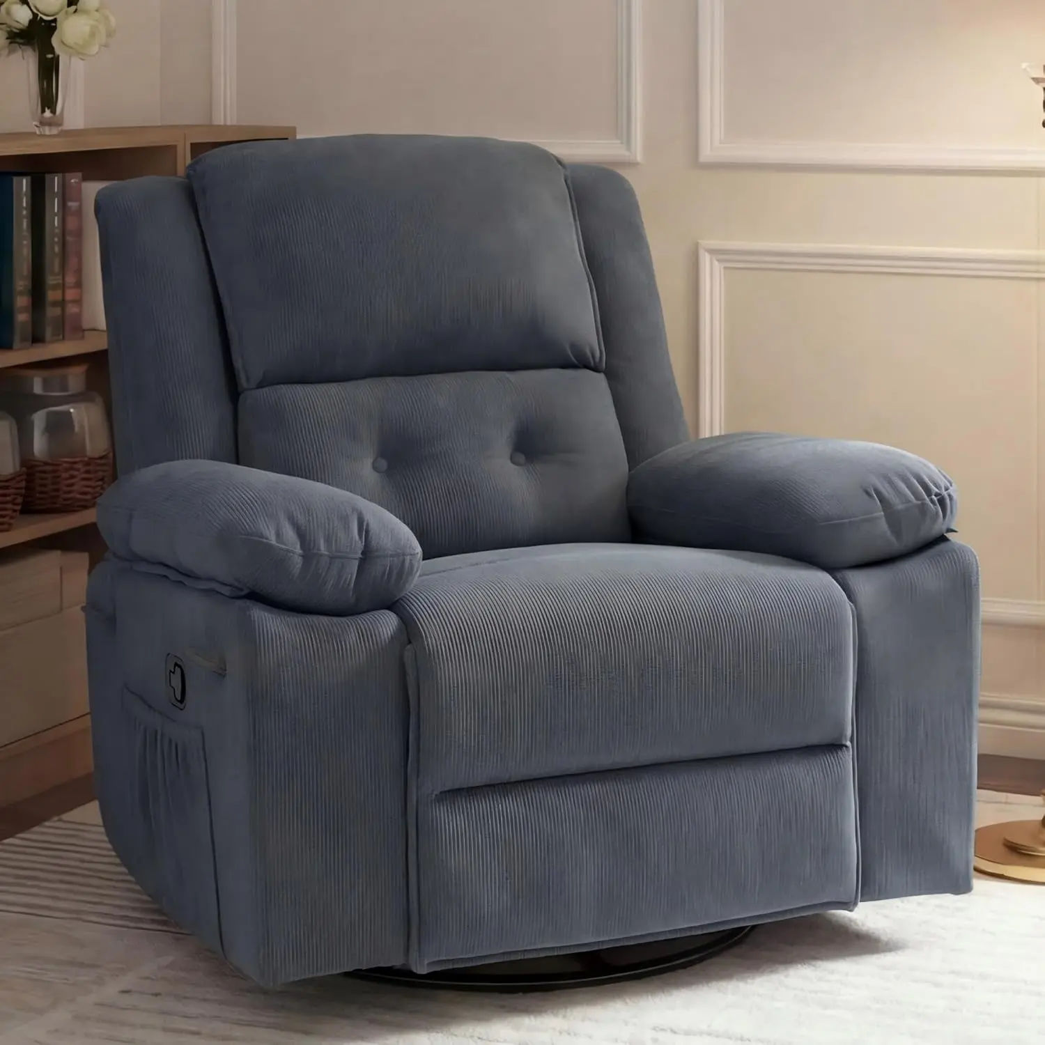 FLEXISPOT XRC2 360° Swivel Rocker Recliner Chair for Adults, Manual Recliner with Massage & Lumbar Heat, Glider Recliner for Living Room Bedroom Reading Room, Blue Grey