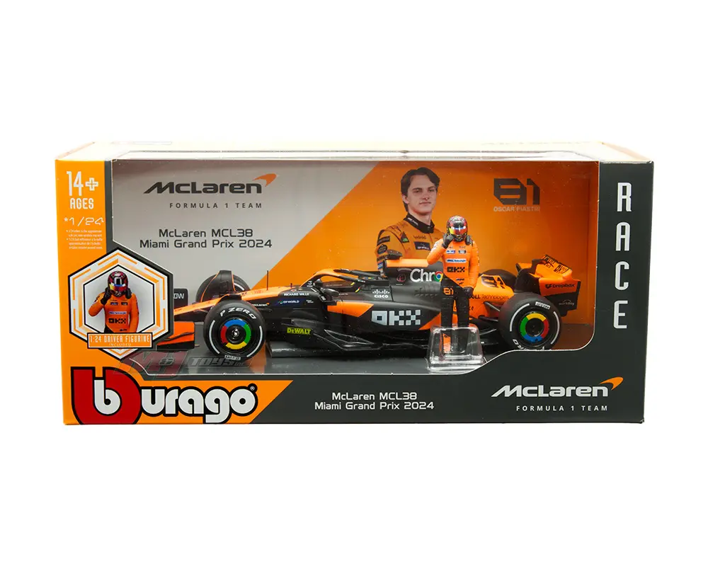 Bburago 1:24 McLaren Formula 1 Team MCL38 Miami Grand Prix 2024 #81 Oscar Piastri with Driver Figure