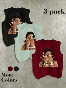 American Face Mask Portrait Print Sleeveless Vest, 3-Pack Men's Loose High Street Trendy Top, Casual Long Plain Clothing