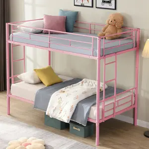 Twin Over Twin Bunk Bed with Built-in Ladder and Safety Guardrail, Heavy Duty Metal Bunkbeds, Convertible Metal Bunk Beds Twin, Space Saving, No Box Spring, Black/White/Pink/Silver