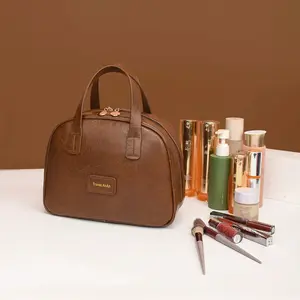 Makeup Storage Leather Bag with Large Capacity and Compartments Waterproof Hand Carry Cosmetic Bag for Travel Business Trips Mother’s Day  Gift