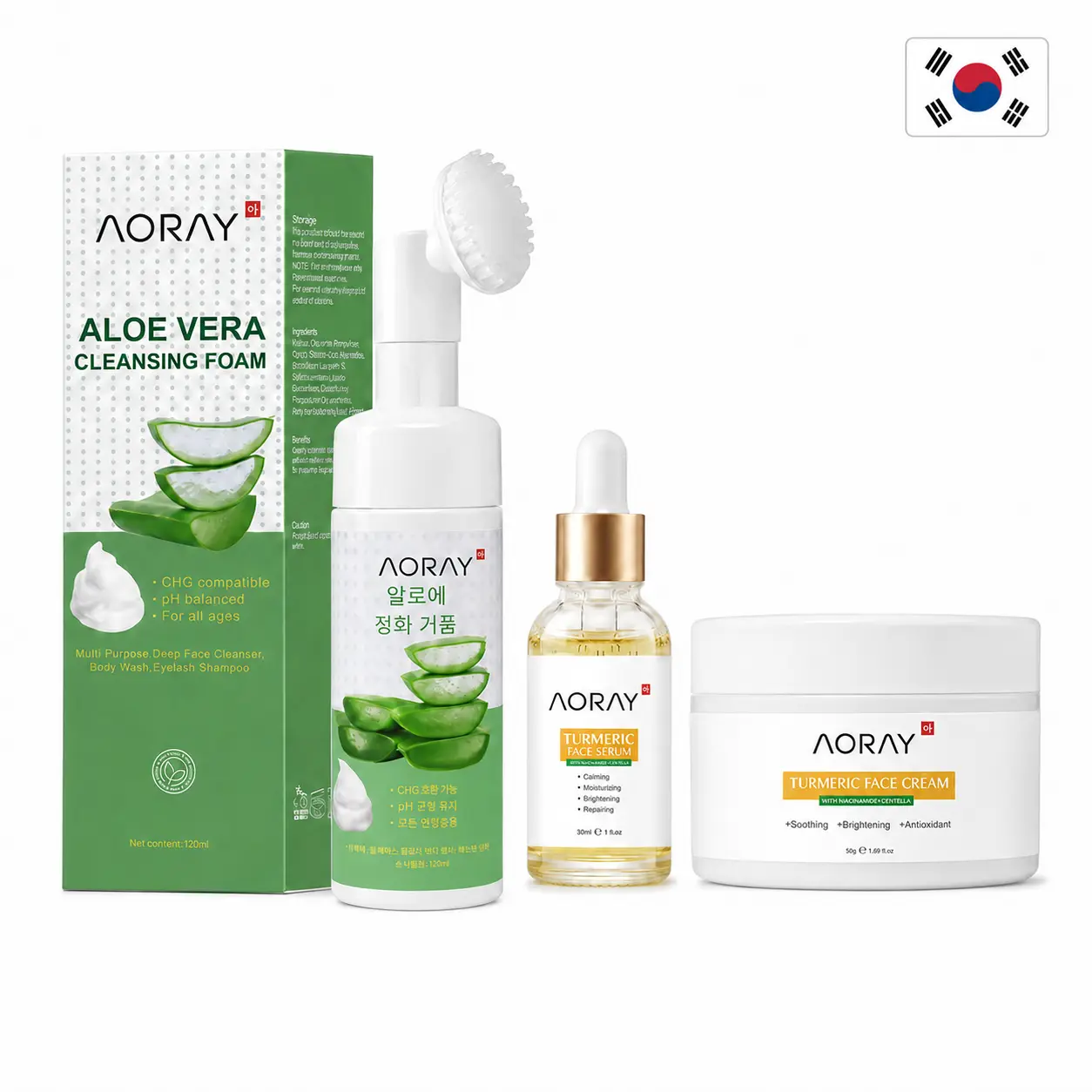 AORAY 3-Step Turmeric Skincare Set with Aloe Vera Cleansing Foam, Face Serum & Face Cream, Moisturizing Face Care Routine Potent anti-inflammatory and soothing action to improve acne marks; antioxidant and brightening effects / K-beauty skincare