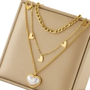 Simple Style Head Shape Titanium Steel Plating Inlay Pearl Gold Necklace with Heart Charms and Multi-Layer Design