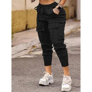 High-Elastic Cargo Joggers Women's, covered pockets, drawstring waist��stretchy polyester blend, solid black for outdoor casual wear.   Activewear