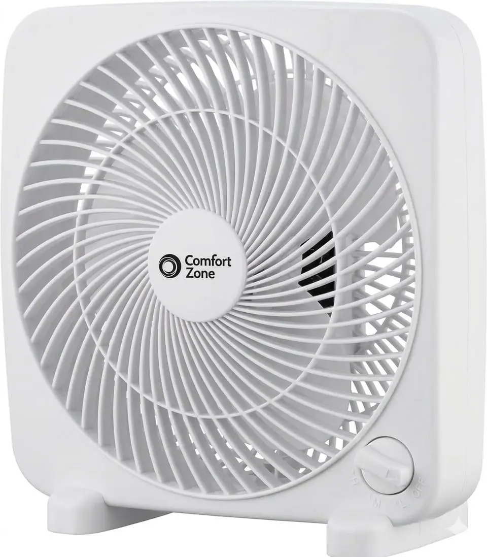 Comfort Zone Box Fan, 9 inch Portable Desk fan, Quiet 3 Speed Mini Fan for Bedroom, Electric Bedside Table Fan, White | Compact Desktop Cooling, 3-Speeds, Quiet Operation, ETL Listed