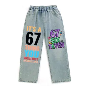 Kid's Jeans for Boys and Girls 6 7 SIX SEVEN Football Print Fashion Casual Comfy Denim Jeans for children between 7 and 13 years old. AB-109