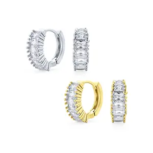 Emerald Cut CZ Milgrain Edge Huggie Earrings For Wedding Party .5 Inch Gold Plated (Set of 2)