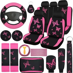 Butterfly Print Girly Car Interior Sets, Car Seat Cover & Steering Wheel Cover & Shoulder Pads & Coasters Kit, Car Interior Decoration Accessories