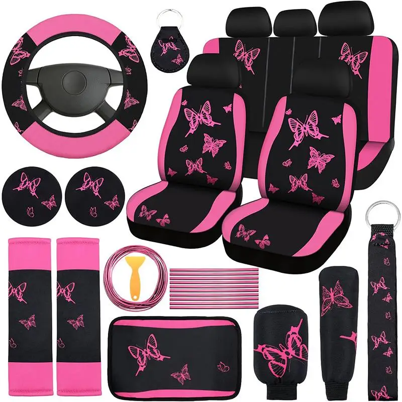 Butterfly Print Car Interior Decoration Set, Car Seat Cover & Steering Wheel Cover & Shoulder Pads & Coasters Kit, Car Interior Decoration Accessories