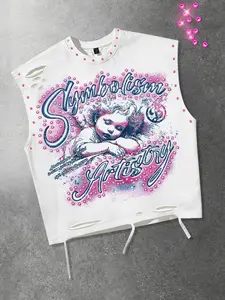 Short vest Y2K style vest, rhinestone metal hot plate vest, cute angel printed vest for men and women, same American retro sleeveless t-shirt 2026 new European and American street fashion brand casual vest with holes