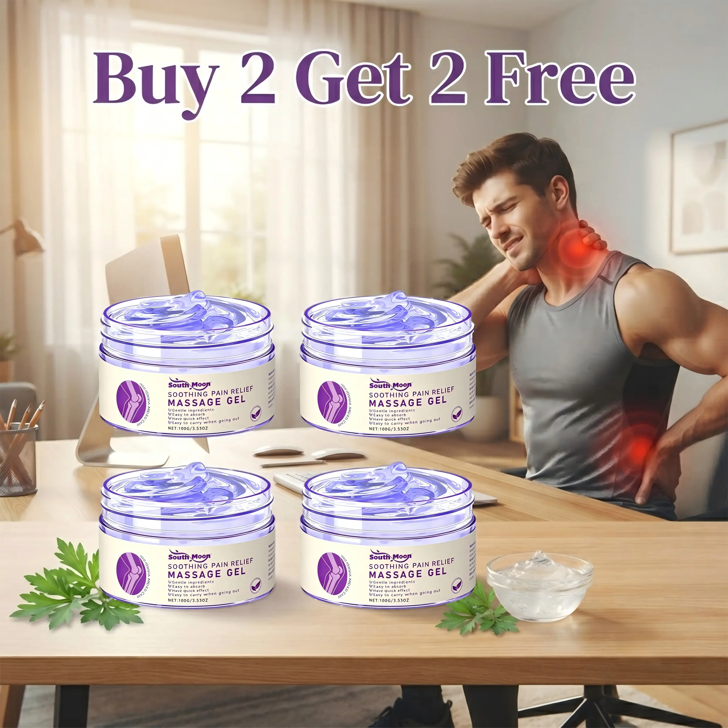 South Moon 4-Pack Soothing Pain Relief Massage Gel (3.53 oz, Buy 2 Get 2 Free), Natural Botanical Joint & Muscle Support, Hydrating Restorative Body Care for Sore Neck, Back, Hands, Fast-Absorb Formula