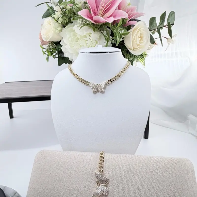 14K Gold Plated Butterfly Chain Necklace and Bracelet Set for Women with Rhinestone Elegant Jewelry Gift