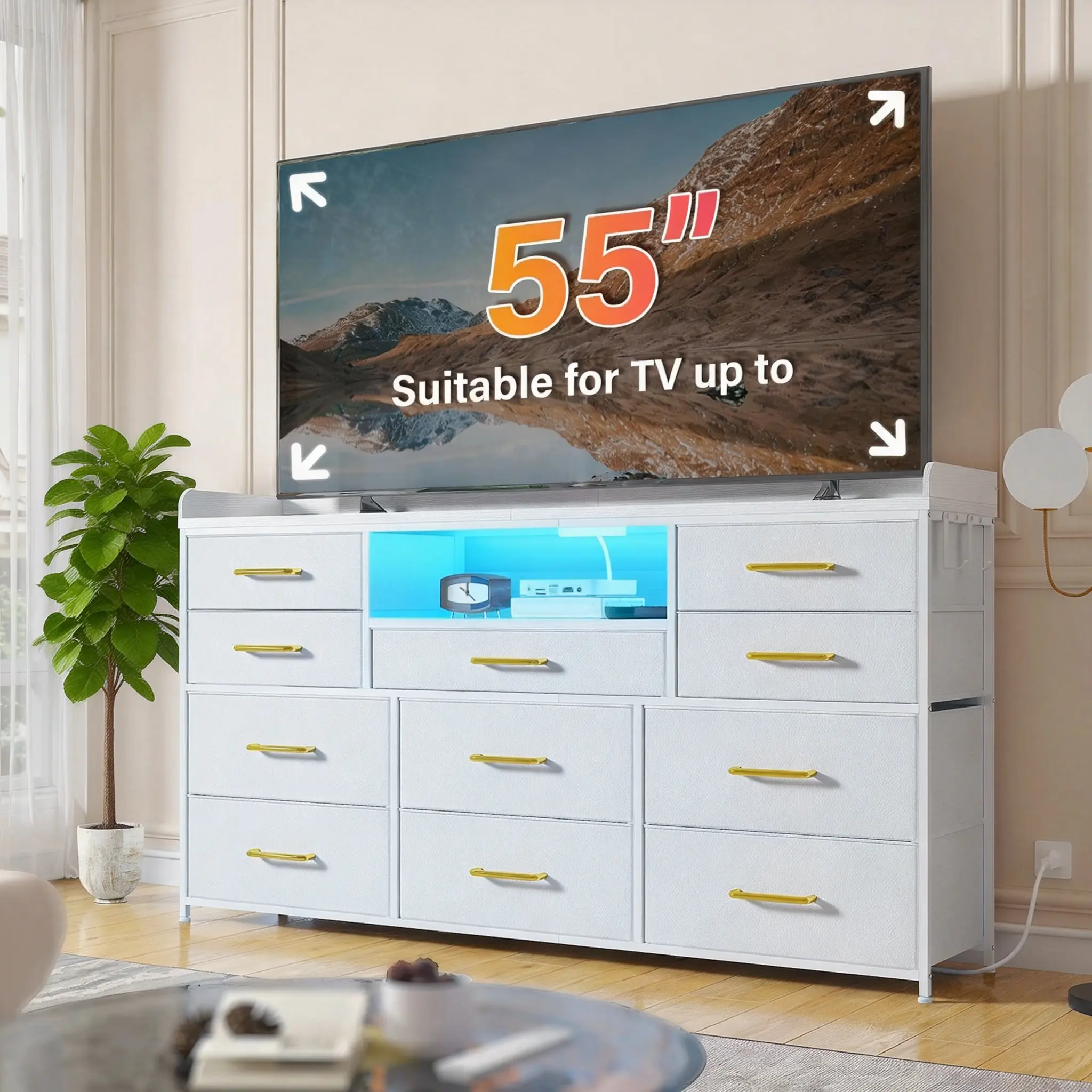 【MultiFunctional TV Stand】Raybee 8-11 Drawer Smart LED Dresser, with Charging Station, Power Outlets, LED Lights & Shelves, Modern Storage Cabinet for Bedroom/Hallway, TV Stand for 32-55 inch TVs, Easy 10-min Assembly, Includes 4 Hooks