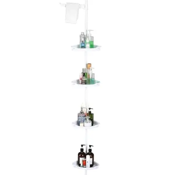 GARVEE No-Drill Corner Shower Caddy Tension Pole, Rust-Resistant Bathroom Storage Organizer with 4-Tier Adjustable Shelves & Rubber Pad, 101.6''- 122'' Height,White