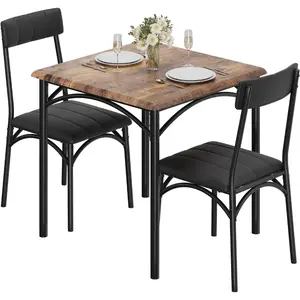 Rustic Small Kitchen Dining Set for 2, 3 Pieces Square Kitchen Table with Upholstered Chairs, MDF Thickened Tabletop, Small Space Dining Set for 2 Adults/Kids, Farmhouse Table Set for Apartment, Studio