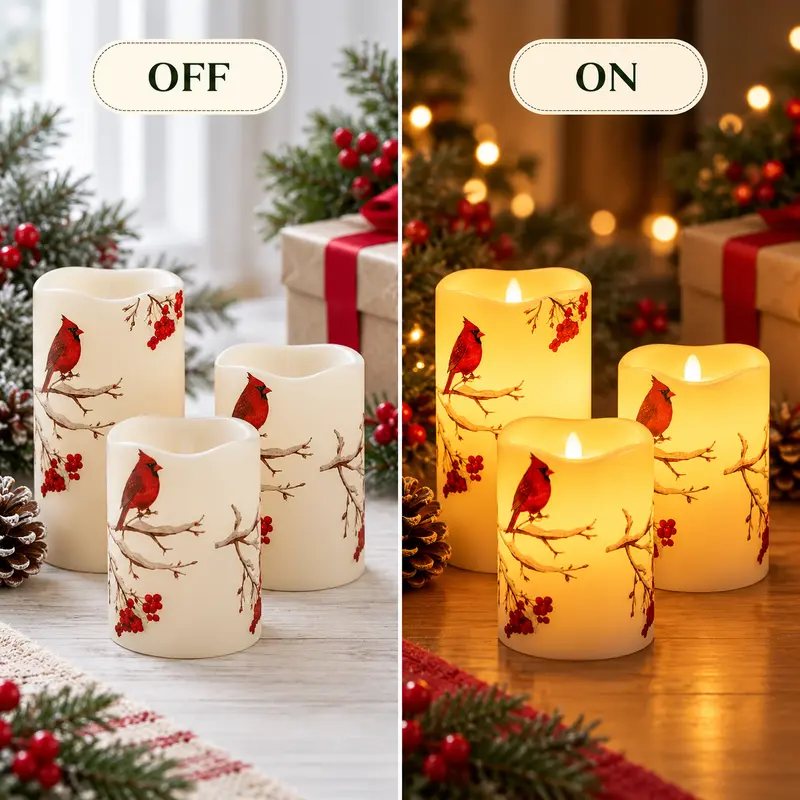 3-Piece Cardinal Bird & Berries Flameless LED Pillar Candles - Battery ...